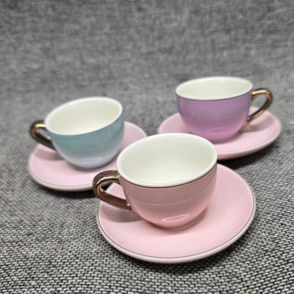 Espresso‎ Cup Saucer Set 3 Pastel Pink Blue Purple Gold Excellent Mini